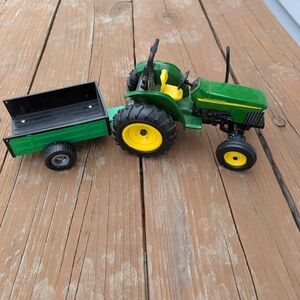 Green and Yellow Toy John Deere Tractor with Trailer